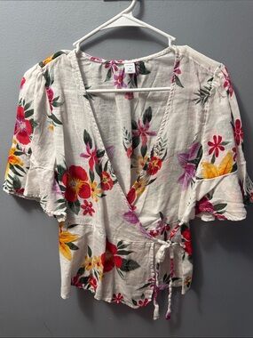 Old Navy White Wrap Top with Pink & Yellow Floral Print
